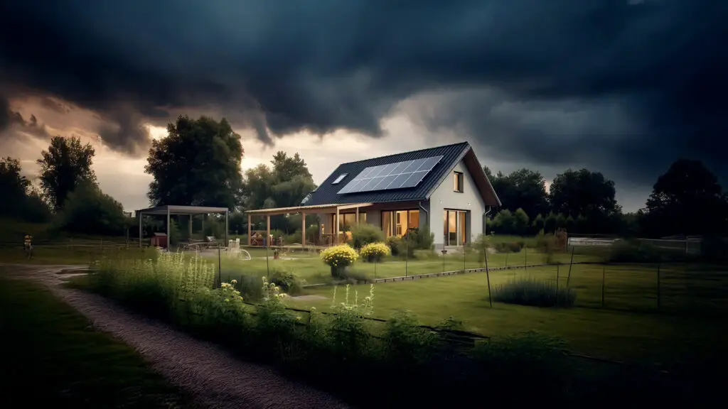 Modern house with solar panels on the roof surrounded by a green garden under a dark stormy sky