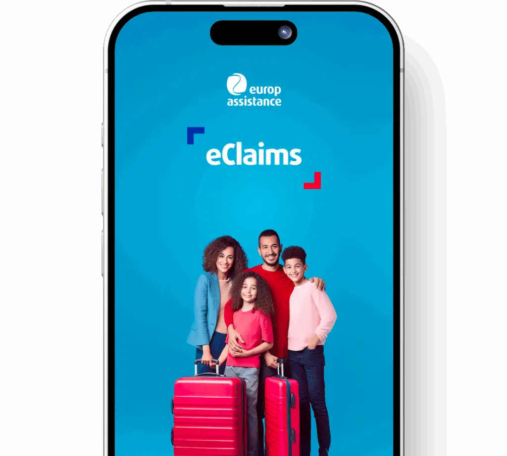 Mobile screen displaying Europ Assistance eClaims portal with blue background, featuring a group of people standing next to red suitcases